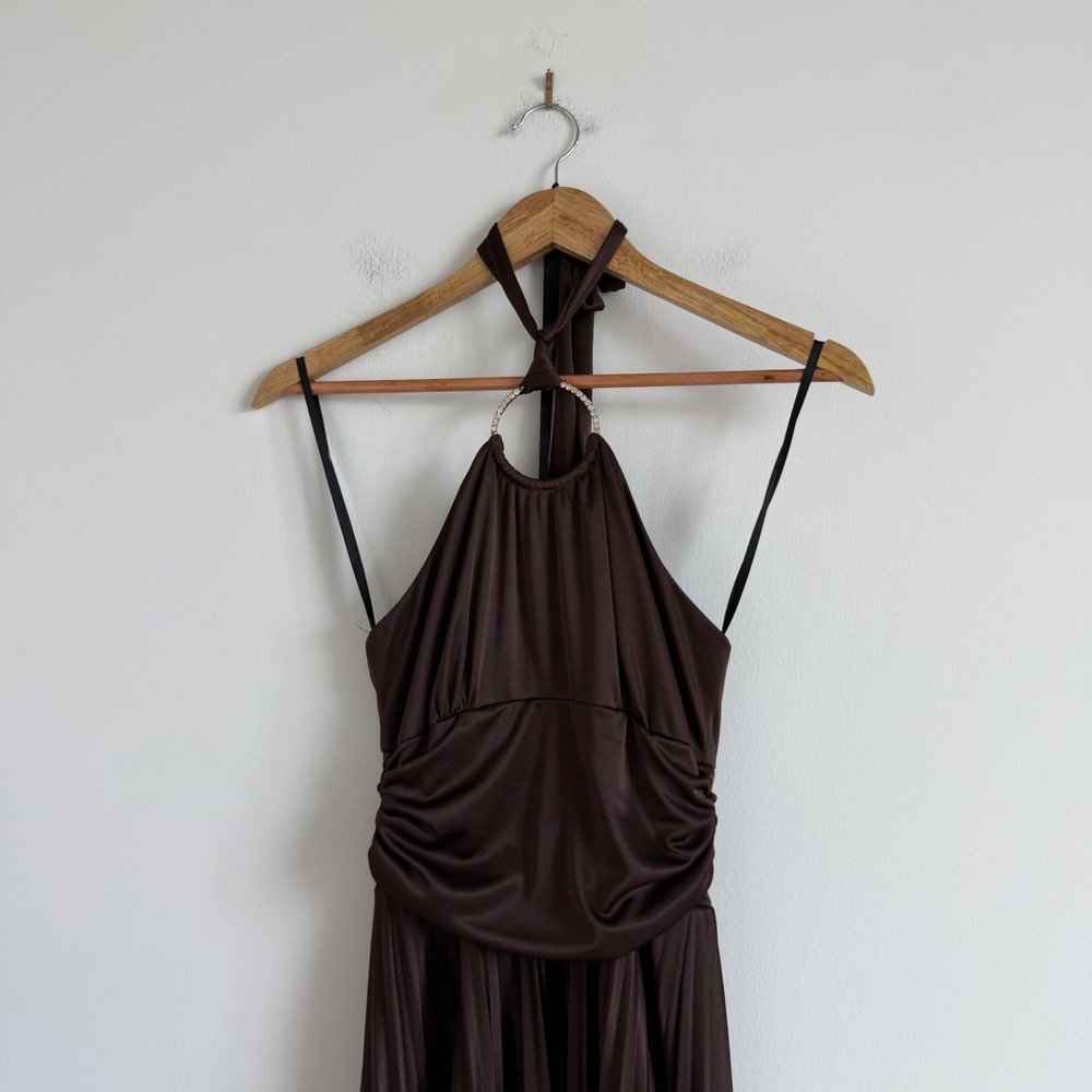 Vintage 90s Cache Brown High Neck Rhinestone Pleated Bubble Dress